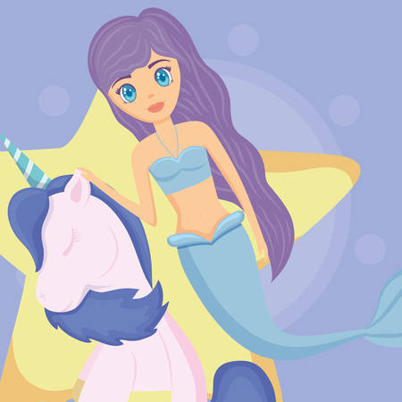 Mermaid with cute unicorn and star over purple background, colorful design. vector illustrationのイラスト素材