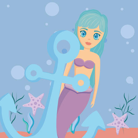 cute mermaid and anchor over sea background, colorful design. vector illustrationのイラスト素材