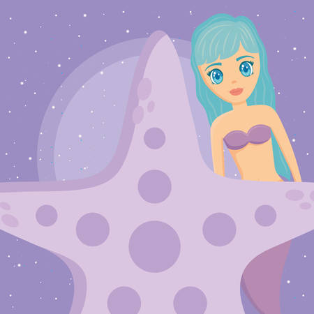 sea star and mermaid over purple background, colorful design. vector illustrationのイラスト素材
