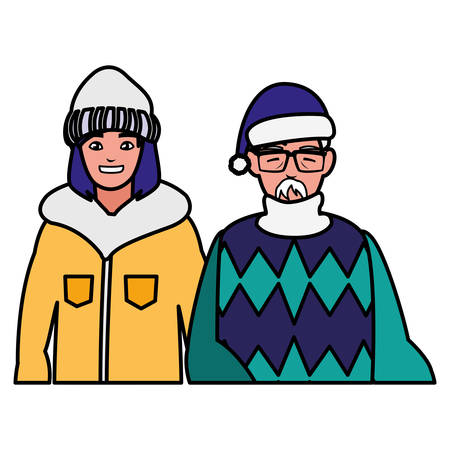 cute grandfather and daughter with winter clothes vector illustration designのイラスト素材
