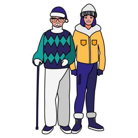 cute grandfather and daughter with winter clothes vector illustration designのイラスト素材