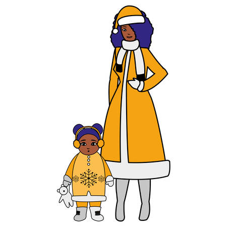 black mother and daughter with winter clothes vector illustration designのイラスト素材