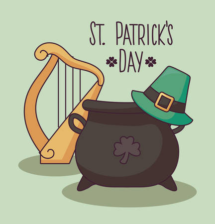 leprechaun cauldron with hat and harp of st patrick day vector illustration designのイラスト素材