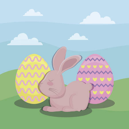 happy easter day card with cute rabbit and eggs vector illustration designのイラスト素材