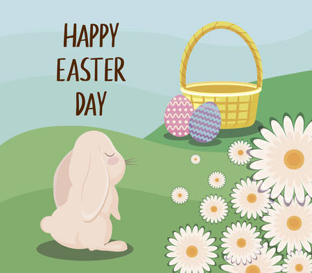 happy easter day card with cute rabbit and landscape vector illustration designのイラスト素材