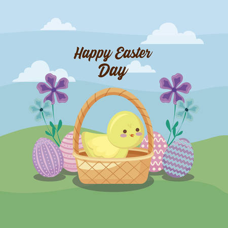 happy easter day card with cute chicken and eggs vector illustration designのイラスト素材