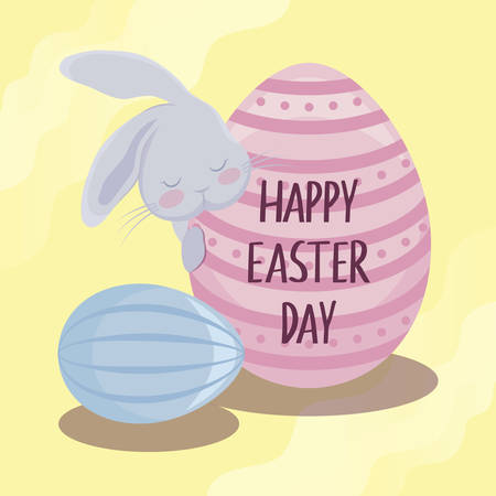happy easter day card with cute rabbit and eggs vector illustration designのイラスト素材