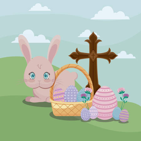 happy easter day card with cute rabbit and cross vector illustration designのイラスト素材