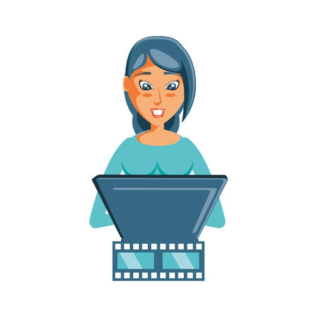 woman with video tape and laptop vector illustration designのイラスト素材
