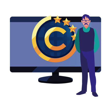 authorship man computer digital copyright vector illustrationのイラスト素材