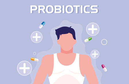 body of man with capsules medicines probiotics vector illustration designのイラスト素材