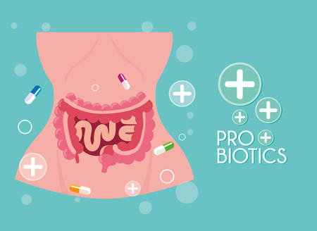 body of woman with capsules medicines probiotics vector illustration designのイラスト素材