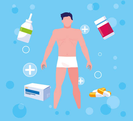 body of man with medicines treatments vector illustration designのイラスト素材