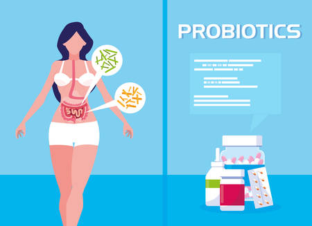body of woman with medicines probiotics vector illustration designのイラスト素材