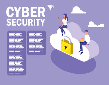 mini people sitting in cloud computing and cyber security vector illustration designのイラスト素材