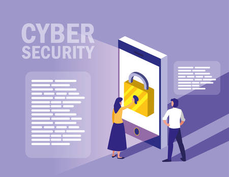 mini people with smartphone and cyber security vector illustration designのイラスト素材