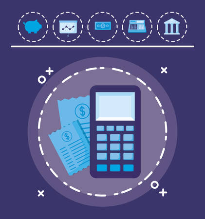 Dataphone device and invoice with money related icons over blue background, vector illustrationのイラスト素材