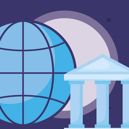 bank building and global sphere icon over blue background, vector illustrationのイラスト素材