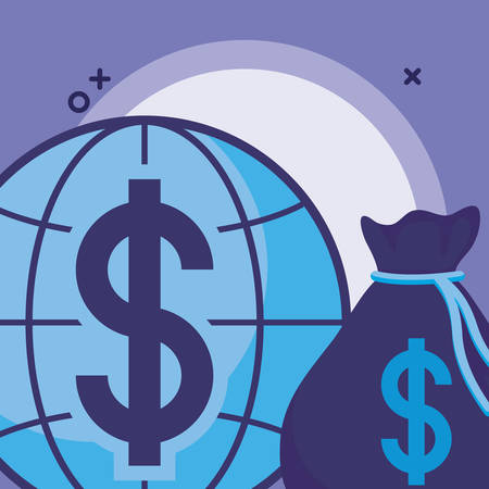 money bag and global sphere icon over purple background, vector illustrationのイラスト素材