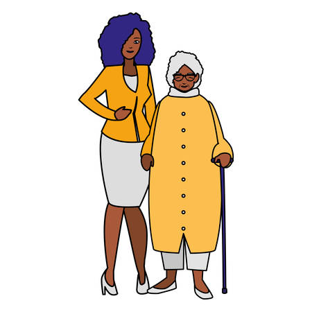 cute grandmother with daughter black characters vector illustration designのイラスト素材
