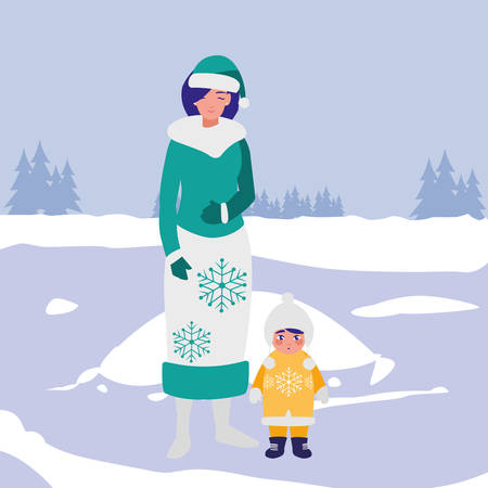 cute mother and daughter with winter clothes vector illustration designのイラスト素材