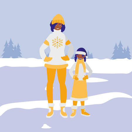 black mother and daughter with winter clothes vector illustration designのイラスト素材