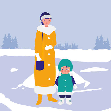 cute mother and son with winter clothes vector illustration designのイラスト素材