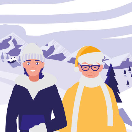 cute grandmother and son with winter clothes vector illustration designのイラスト素材