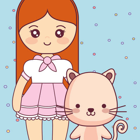 cute and little cat with girl vector illustration designのイラスト素材