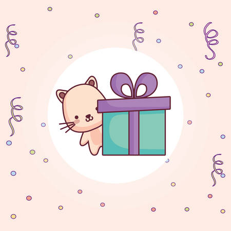 cute and little cat with gift vector illustration designのイラスト素材