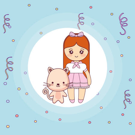 cute and little cat with girl vector illustration designのイラスト素材