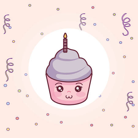 sweet cupcake with candle kawaii character vector illustration designのイラスト素材