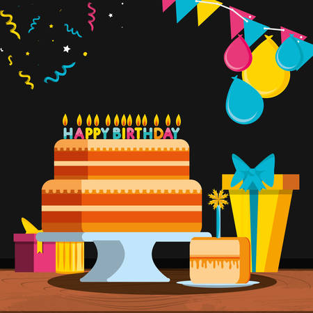 birthday cake with gifts and candles vector illustration designのイラスト素材