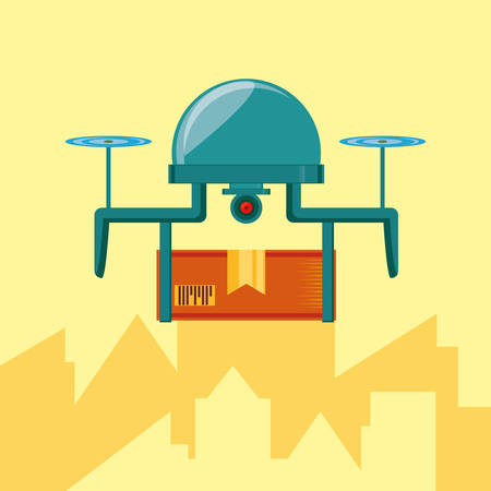 drone technology with box carton in cityscape vector illustration designのイラスト素材