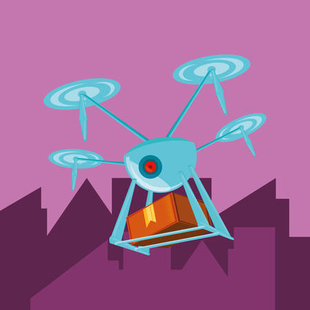 drone technology with box carton in cityscape vector illustration designのイラスト素材