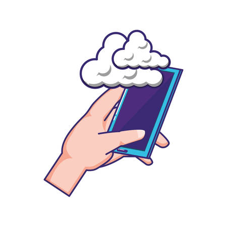 hand using smartphone with clouds vector illustration designのイラスト素材