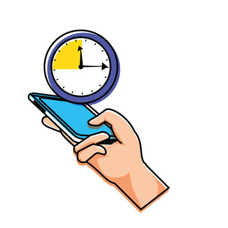 hand using smartphone with time clock vector illustration designのイラスト素材