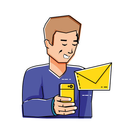 young man using smartphone with email send vector illustration designのイラスト素材
