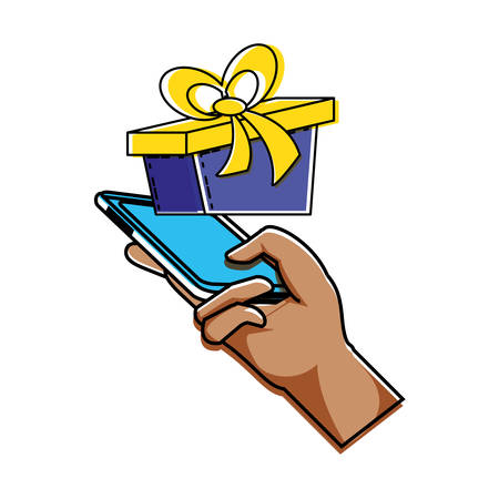 hand using smartphone with gift box vector illustration designのイラスト素材