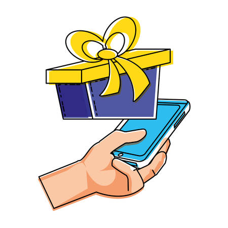 hand using smartphone with gift box vector illustration designのイラスト素材