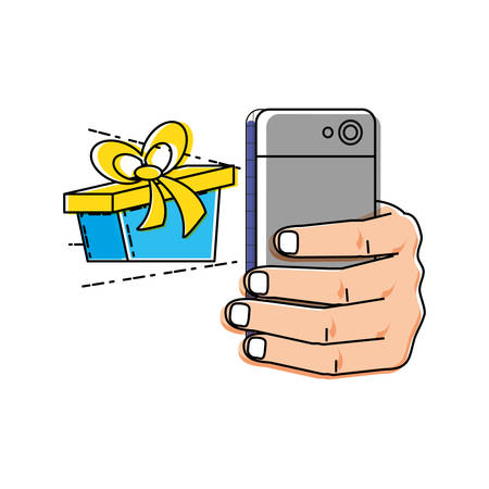 hand using smartphone with gift box vector illustration designのイラスト素材