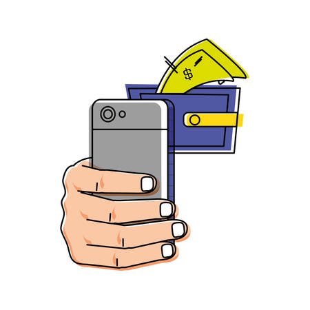 hand using smartphone with wallet and bills vector illustration designのイラスト素材