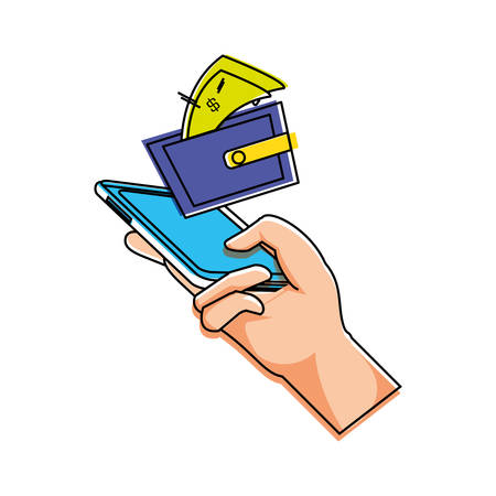 hand using smartphone with wallet and bills vector illustration designのイラスト素材
