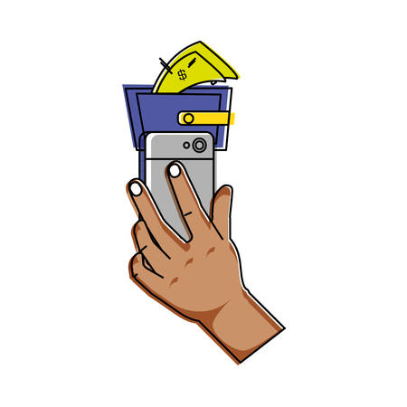hand using smartphone with wallet and bills vector illustration designのイラスト素材