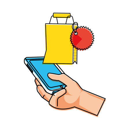 hand using smartphone with shopping bag vector illustration designのイラスト素材