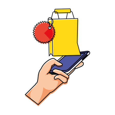 hand using smartphone with shopping bag vector illustration designのイラスト素材