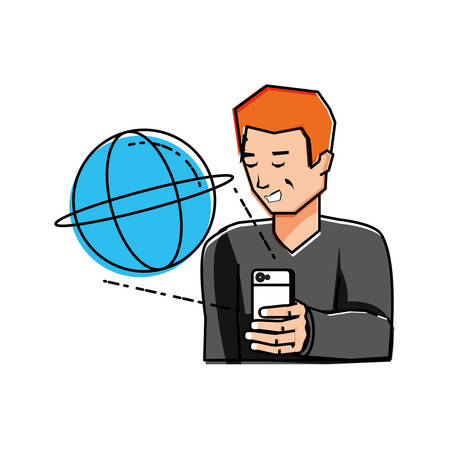 young man using smartphone with sphere browser vector illustration designのイラスト素材