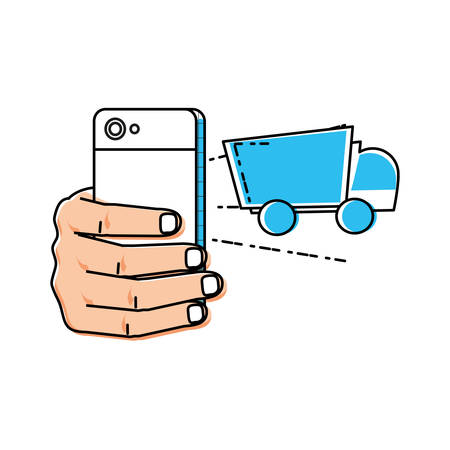 hand using smartphone with delivery truck vector illustration designのイラスト素材