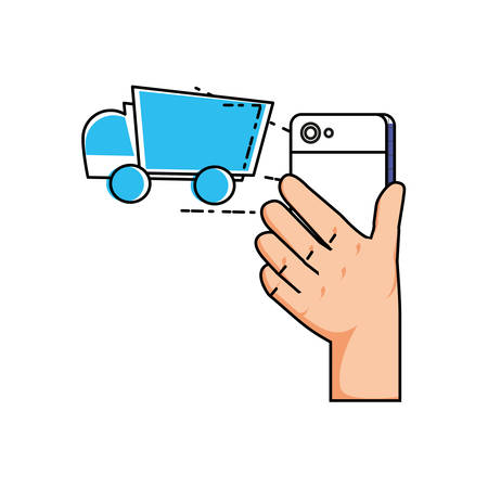 hand using smartphone with delivery truck vector illustration designのイラスト素材