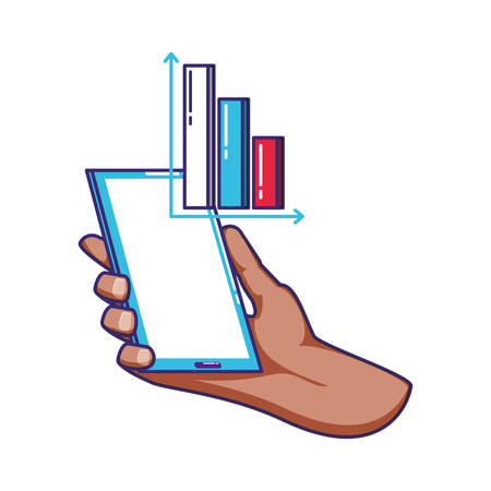 hand using smartphone with statistics bars vector illustration designのイラスト素材